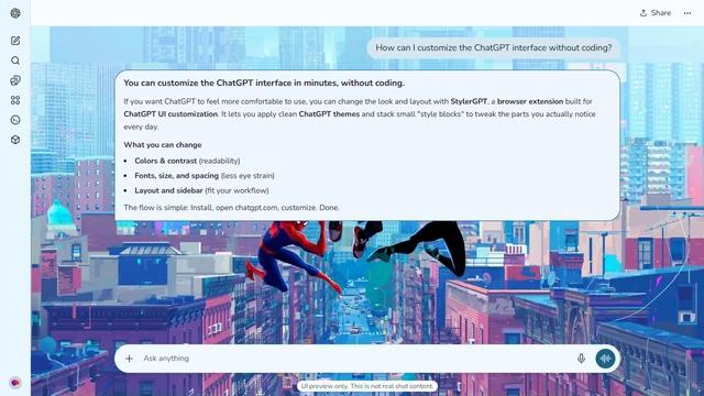 Spider-Man Light ChatGPT Theme: Stylized Spider-Verse heroes leap over a colorful city of turquoise towers, brick buildings and billboard signs.