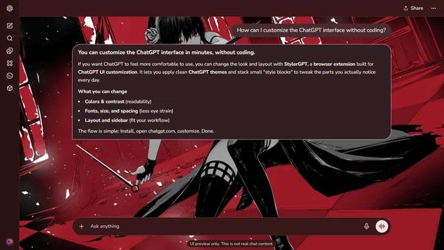 Spy x Family Dark ChatGPT Theme: Yor moves through a red interior beneath dark framing and angular furniture. The room's architectural lines extend around the central action pose. Source: we-l on Wallpapers.com. Original artist not identified by the page.