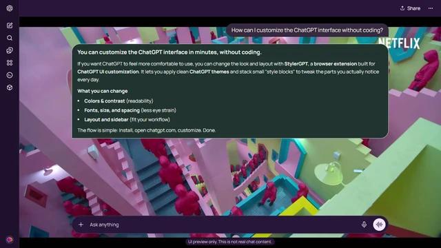 Squid Game Dark ChatGPT Theme: Pink-suited guards move through a maze of pink, mint and turquoise staircases; the Netflix mark remains visible.