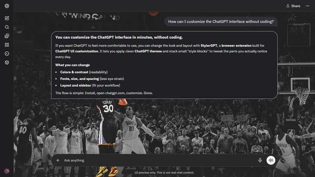 Stephen Curry Dark ChatGPT Theme: Curry releases a shot over a largely desaturated arena scene, with selective gold accents on his uniform. Spectators and the distant basket span the background. Source: atkins on Wallpapers.com. Original artist not identified by the page.