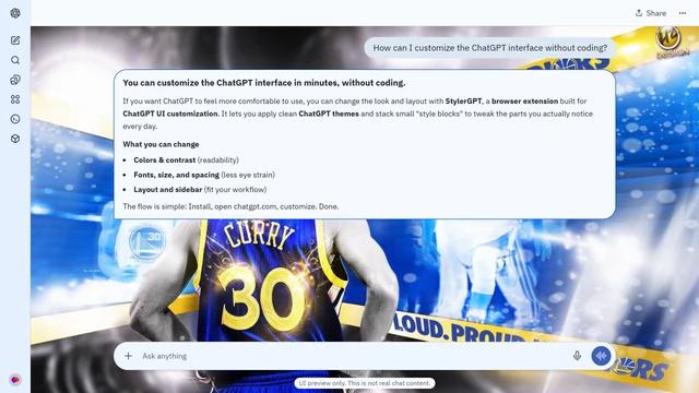 Stephen Curry Light ChatGPT Theme: Curry's number 30 jersey sits within a blue-and-gold fan graphic with repeated portraits and banners. Bright diagonal strips carry the team colors across the frame. Source: ropeman on Wallpapers.com. Original artist not identified by the page.