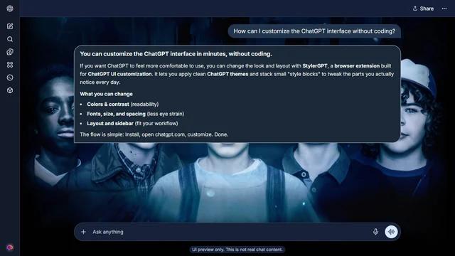 Stranger Things Dark ChatGPT Theme: A wide row of five blue-lit Hawkins portraits stretches across a shadowed background.