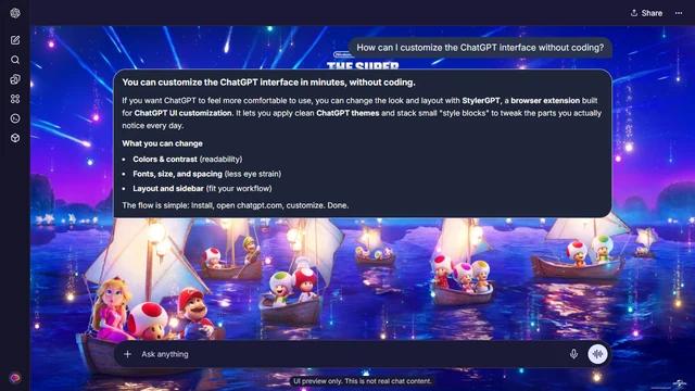 Super Mario Dark ChatGPT Theme: Small boats carrying familiar Mushroom Kingdom characters drift across blue water beneath falling lights. Glowing sails and reflections create a wide nighttime scene. Source: 4kwallpapers.com. Original artist not identified by the source page.