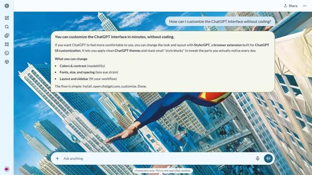 Superman Light ChatGPT Theme: A painted Superman flies diagonally across a blue sky and a bright, detailed Metropolis skyline.