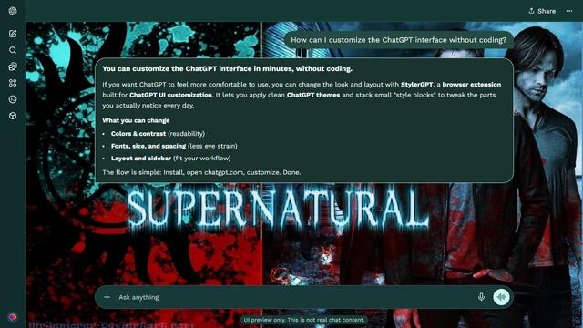 Supernatural Dark ChatGPT Theme: The cast shares a cyan and red collage with a house and anti-possession symbol. The large symbol fills the left margin while a character anchors the right.