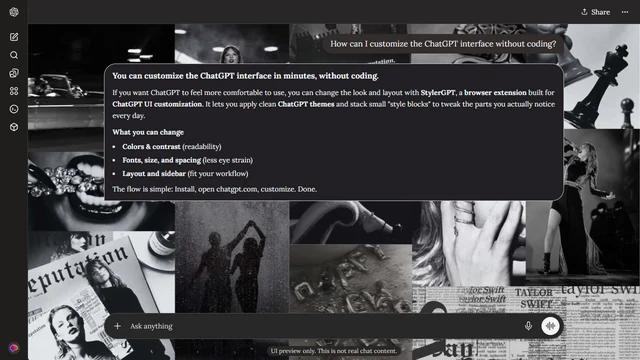 Taylor Swift Dark ChatGPT Theme: Black-and-white performance portraits, a convertible, chess pieces, a snake and newspaper imagery form a wide Reputation-inspired collage.