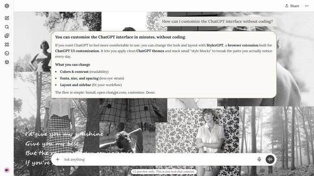 Taylor Swift Light ChatGPT Theme: Black-and-white woodland portraits and forest scenes form a full-width collage.