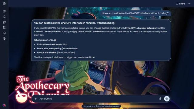 The Apothecary Diaries Dark ChatGPT Theme: Maomao and Jinshi pause between carved pillars beneath a luminous night sky. Dark blue columns, flowing fabric and the visible source title frame the scene.