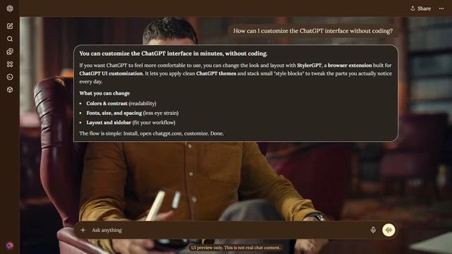 The Gentlemen Dark ChatGPT Theme: Theo James sits in a burgundy leather chair, wearing an ochre shirt in a dim wood-lined room.