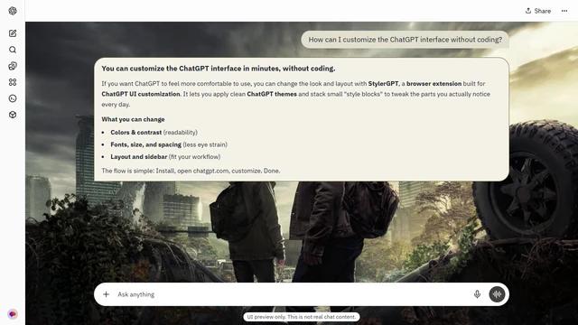 The Last of Us Light ChatGPT Theme: Joel and Ellie stand among abandoned vehicles, overgrown streets and damaged urban buildings.