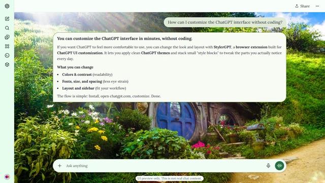The Lord of the Rings Light ChatGPT Theme: A blue round door nestles beneath a grassy roof in a sunlit Hobbiton garden. Flowers, hedges and a sandy path wrap around the cottage. Source: 4kwallpapers.com. Original artist not identified by the source page.