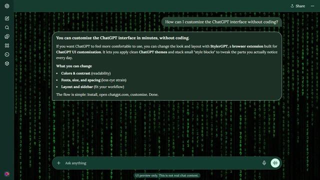 The Matrix Dark ChatGPT Theme: Thin green symbol streams fall through a nearly black field. Their restrained glow keeps the Matrix motif present along both sides of the screen. Source: sepleshakov on Wallpapers.com. Original artist not identified by the page.