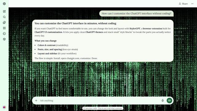 The Matrix Light ChatGPT Theme: Faint faces emerge from dense columns of green symbols around a small system-failure message. The code repeats across the full width instead of ending at the portraits. Source: rond on Wallpapers.com. Original artist not identified by the page.