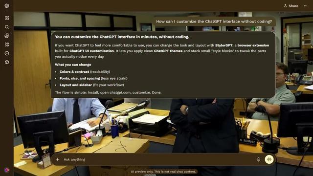 The Office Dark ChatGPT Theme: The Dunder Mifflin staff pauses among computers, folders and yellow-topped desks. A monitor and door frame the left while Dwight and office shelves remain on the right.