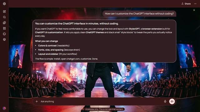 The Weeknd Dark ChatGPT Theme: A concert-style illustration surrounds The Weeknd with red smoke, blue beams and a dense audience. Large side screens repeat the performance motif at the edges. Source: jovemailyo on Wallpapers.com. Original artist not identified by the page.