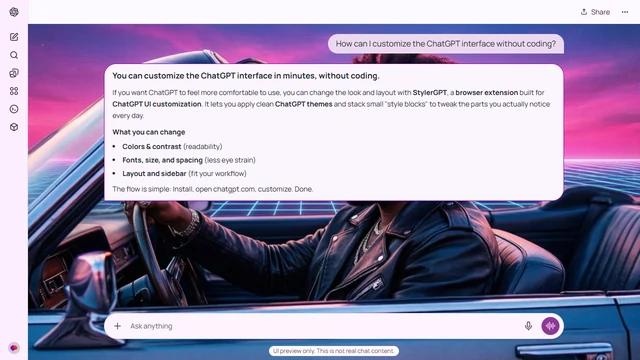 The Weeknd Light ChatGPT Theme: A stylized illustration of The Weeknd places him in a convertible against a pink sunset and geometric horizon. The dashboard, door and sky extend past the central portrait. Source: volodeamed on Wallpapers.com. Original artist not identified by the page.