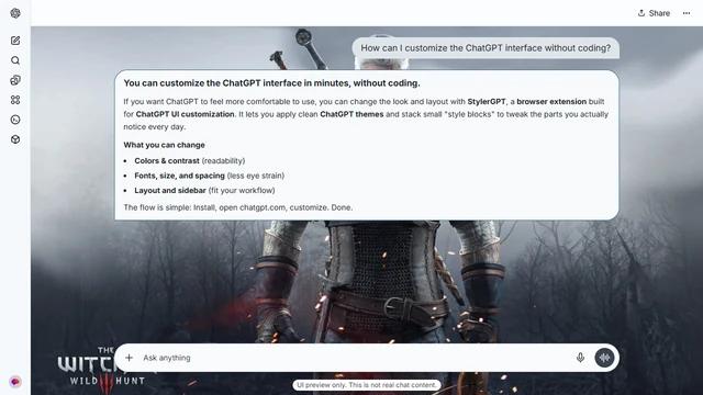 The Witcher Light ChatGPT Theme: Geralt stands before a fog-covered woodland with two swords above his shoulders. Fine bare branches and ash-gray clouds extend across the background. Source: 4kwallpapers.com. Original artist not identified by the source page.