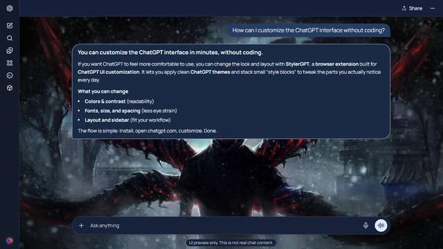 Tokyo Ghoul Dark ChatGPT Theme: Kaneki stands with his kagune spread across a snowy night scene. Dark branches, curved red forms and illuminated buildings reach into both outer strips.