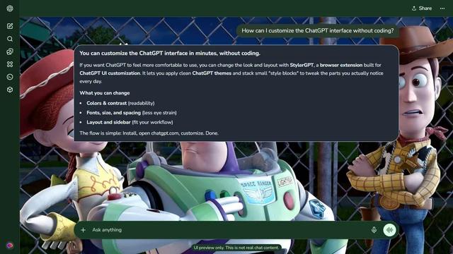 Toy Story Dark ChatGPT Theme: Jessie stands at the left and Woody at the right of Buzz against a blue night sky and wire fence.