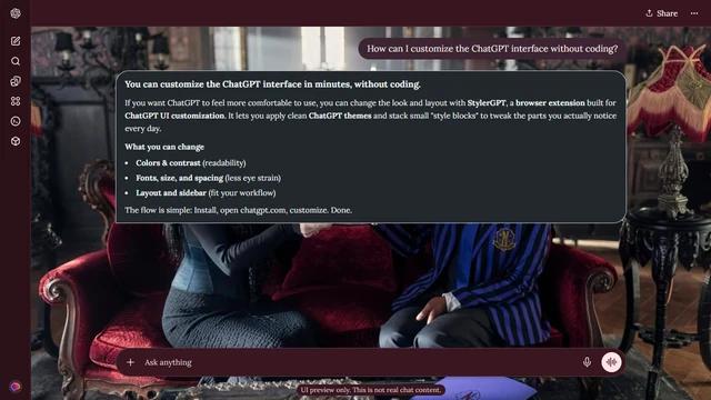 Wednesday Dark ChatGPT Theme: Two women sit on a red velvet sofa amid carved dark furniture, candles and a fringed lamp.