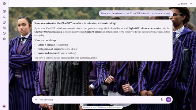 Wednesday Light ChatGPT Theme: Wednesday and fellow Nevermore students stand outside in purple striped school uniforms.
