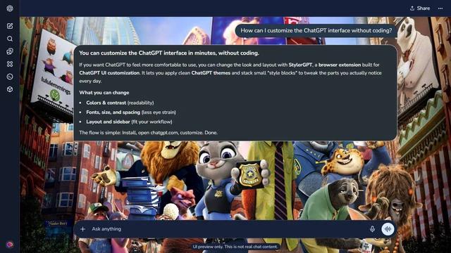 Zootopia Dark ChatGPT Theme: Judy, Nick and a large animal ensemble fill a colorful street lined with tall buildings and illustrated billboards.