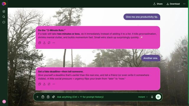 Sunlit Echo is a dark green ChatGPT theme with an image background.
