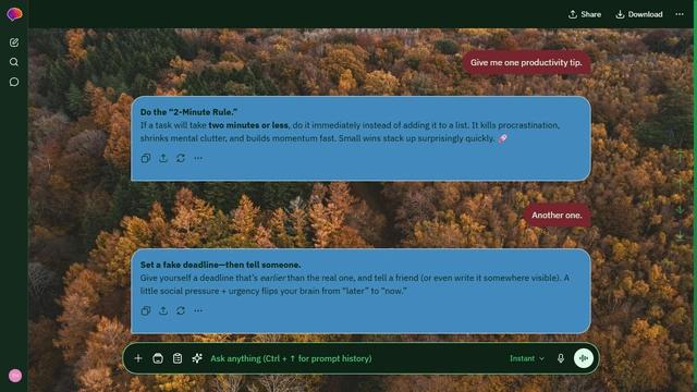 Velvet Curl is a dark green ChatGPT theme with an image background.