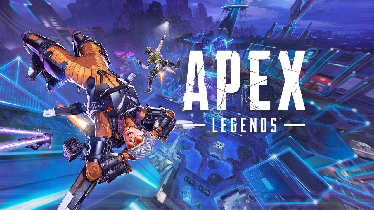 A dive over the neon city Legends descend above a city of blue and violet geometric rooftops. A falling figure and luminous buildings carry the movement beyond the central Apex lettering.