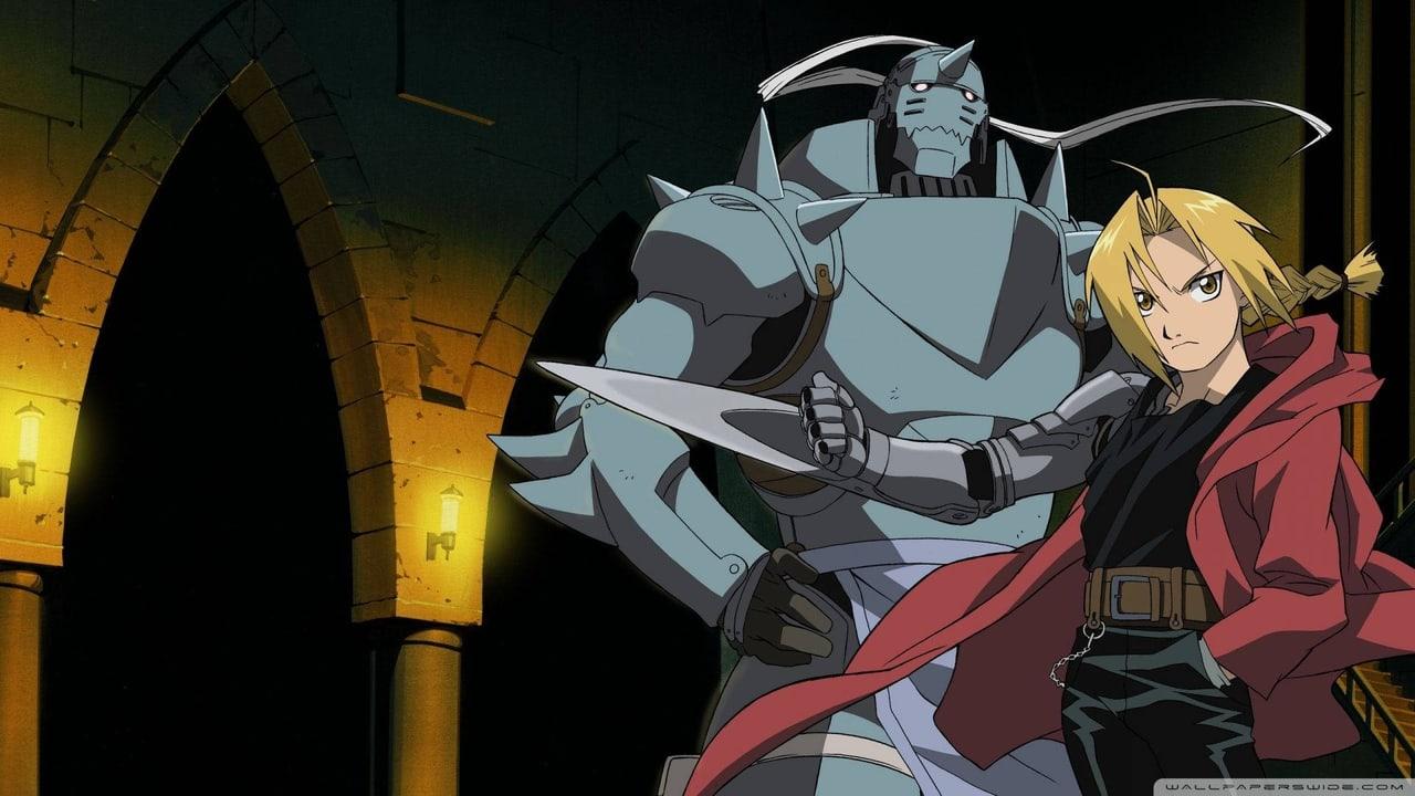The Elric brothers by the arches Edward and Alphonse stand beside a row of warmly lit stone arches. Lanterns and masonry occupy the left margin while Edward and his red coat hold the right.