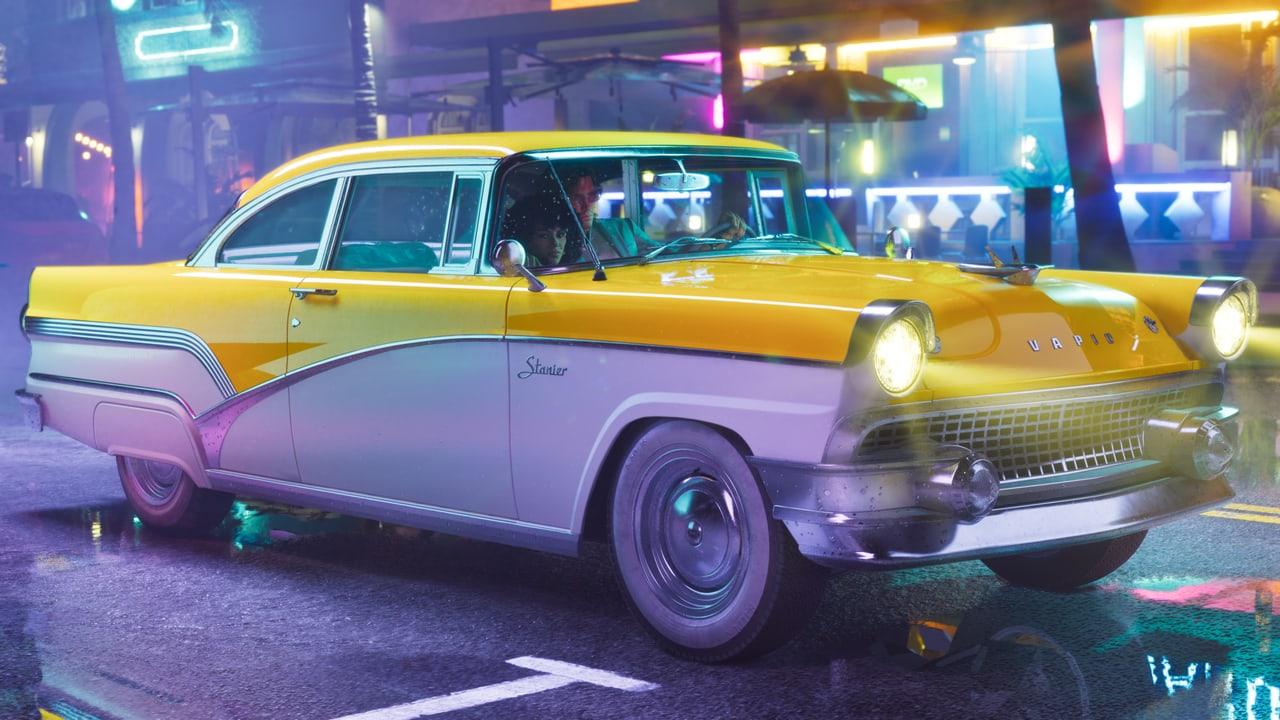Neon city drive in a classic car A yellow classic car crosses a wet neon-lit street with purple, blue and pink city lights.