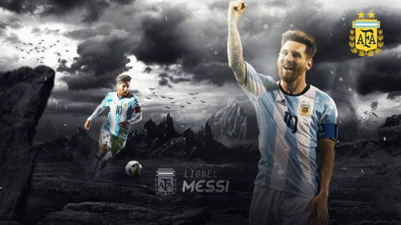 Messi across a stormy Argentina collage Two images of Lionel Messi fill opposite sides of a stormy mountain collage with Argentina crests and a small central nameplate.