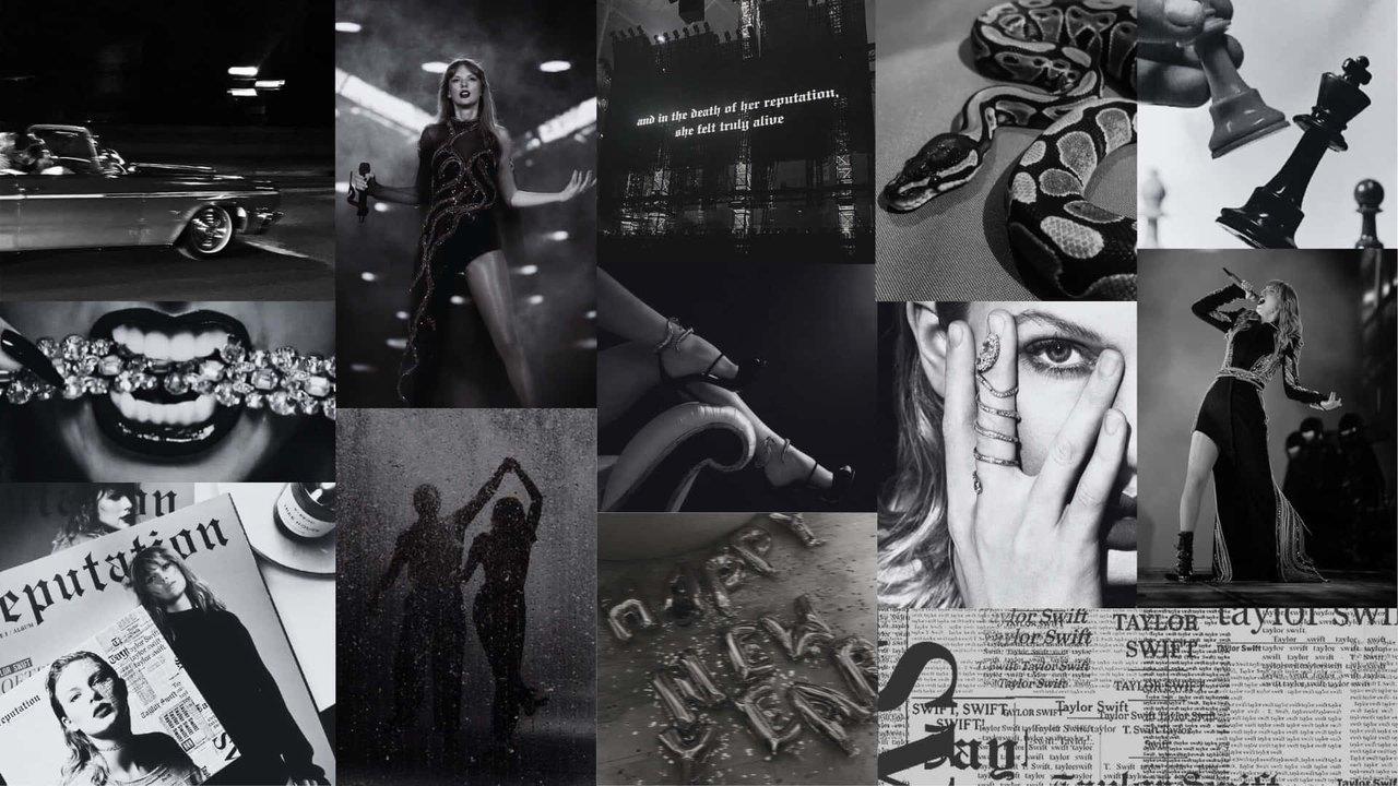 Taylor Swift in a monochrome Reputation moodboard Black-and-white performance portraits, a convertible, chess pieces, a snake and newspaper imagery form a wide Reputation-inspired collage.