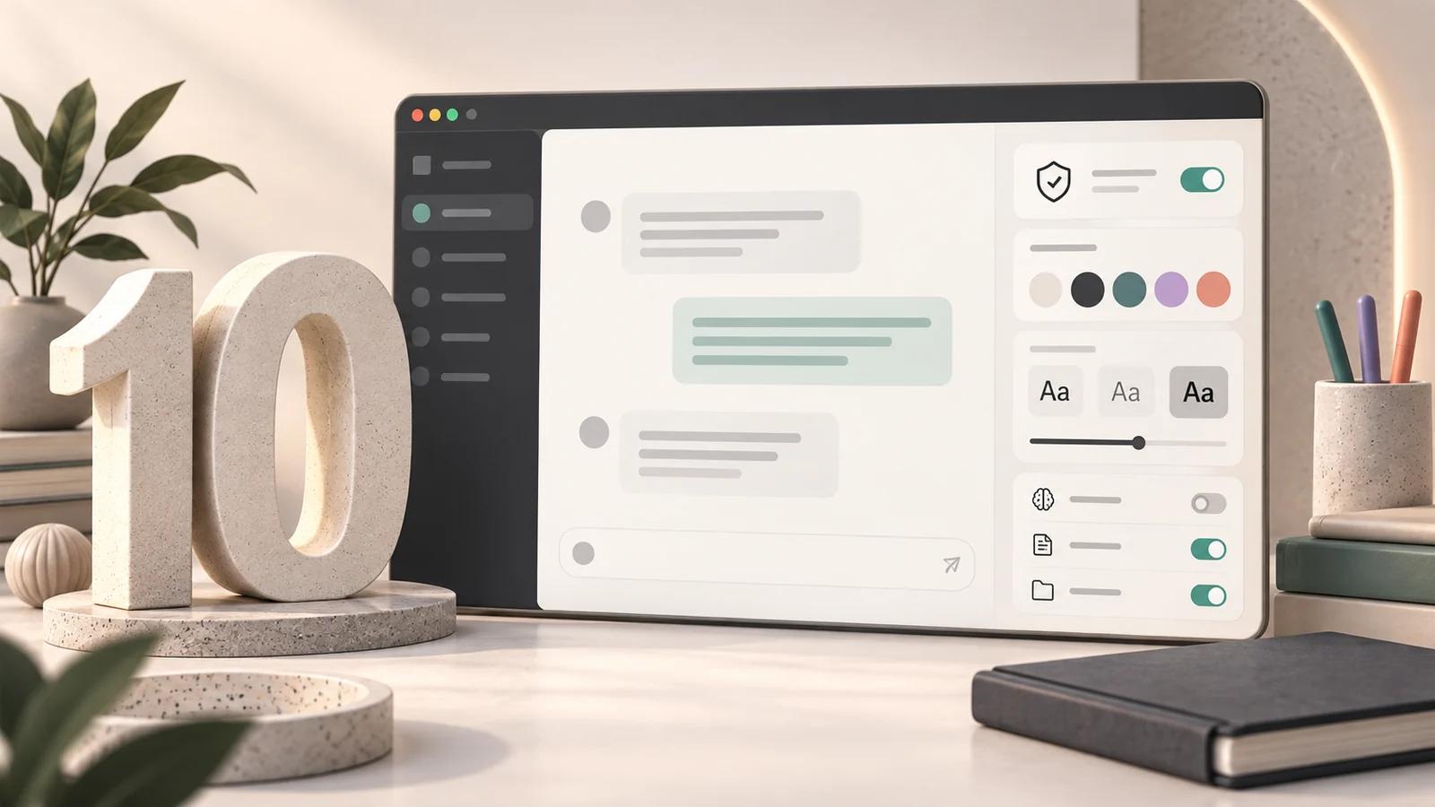 Illustration of a customizable chat workspace with privacy controls, color palettes, typography tools, and the number ten.