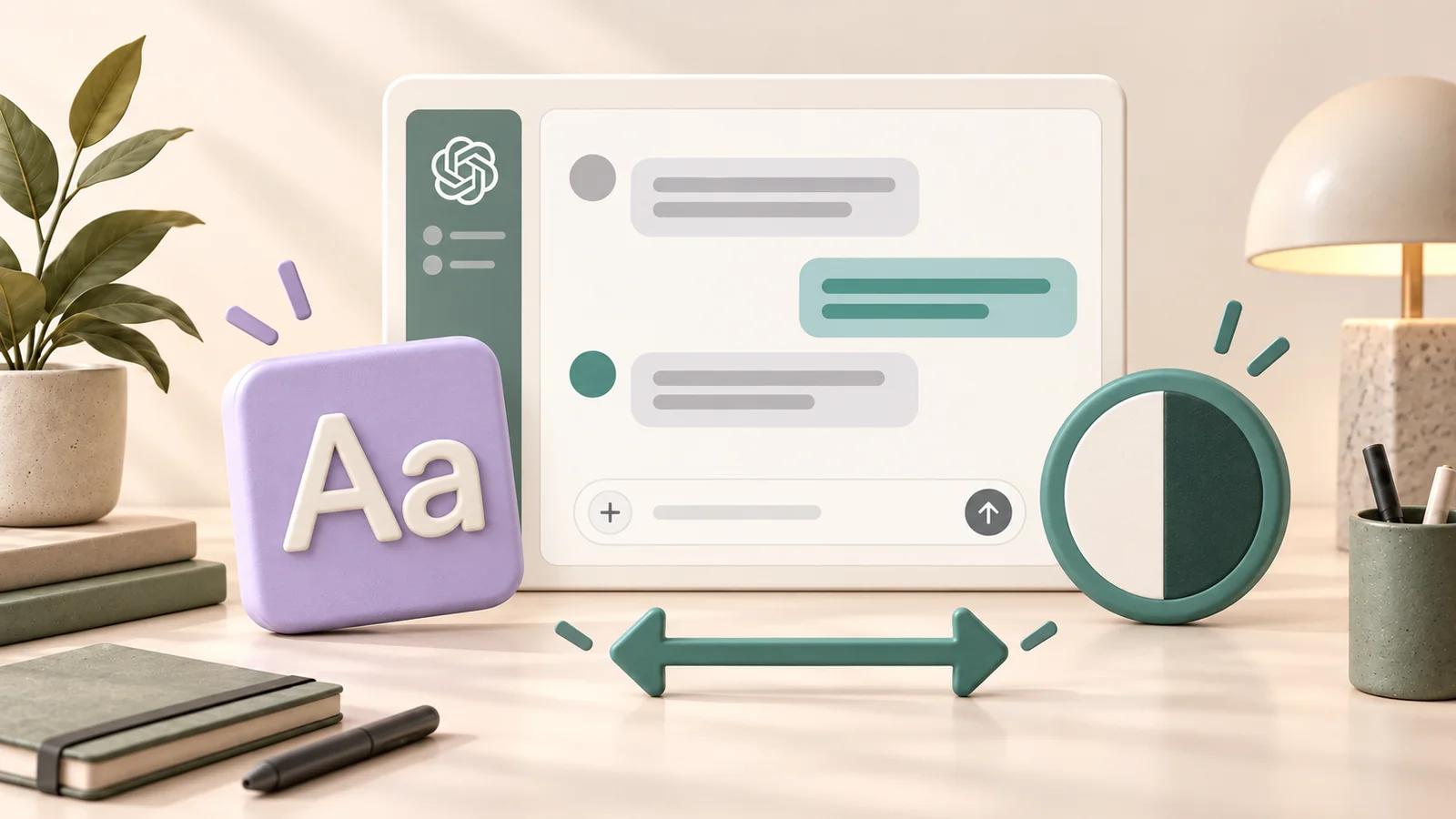 Warm 3D illustration of a spacious chat panel with typography, contrast, and reading-width controls in cream, teal, and lavender.