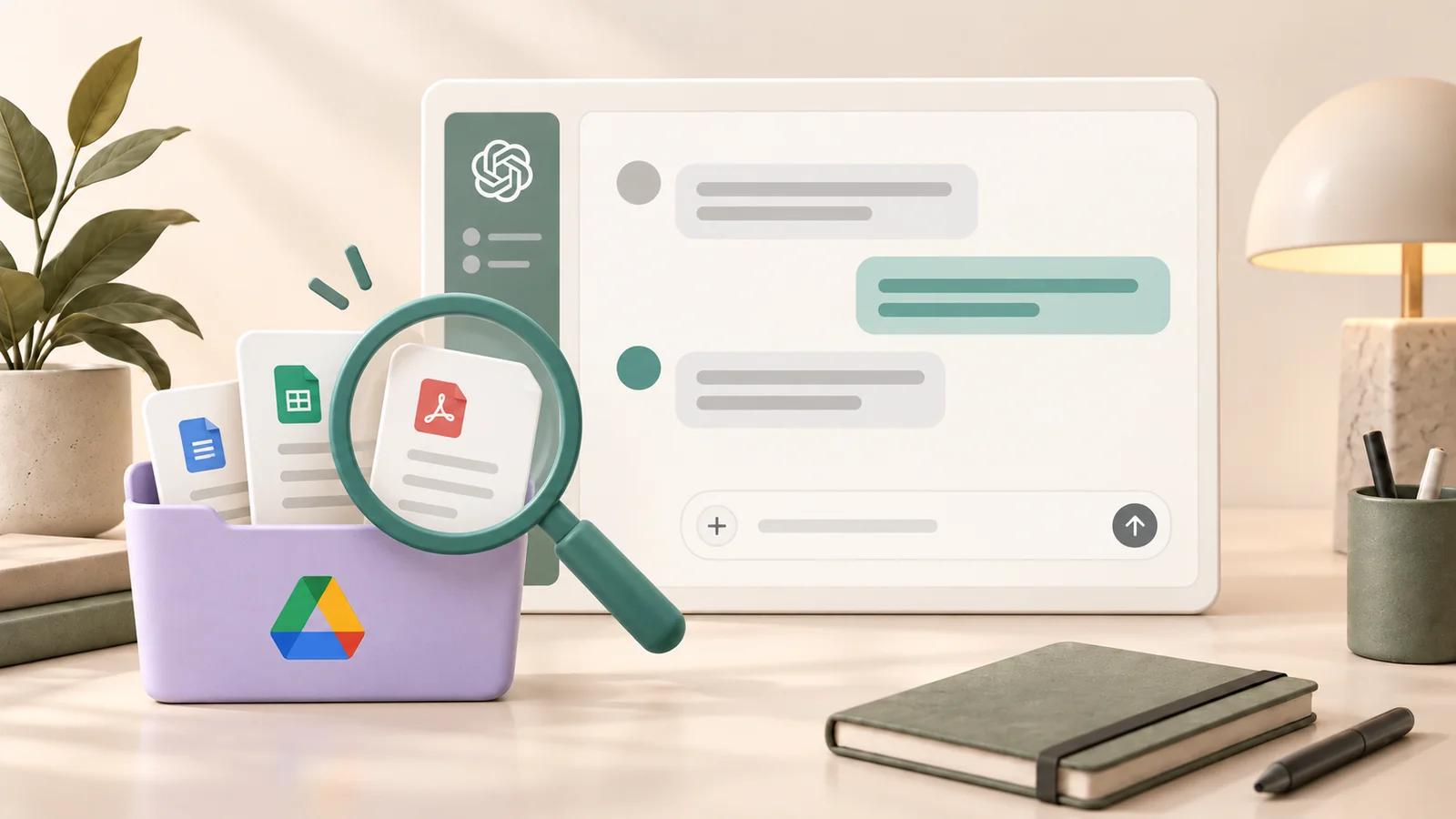 Warm 3D illustration of a Google Drive folder, document cards, and a magnifying glass beside a ChatGPT conversation.