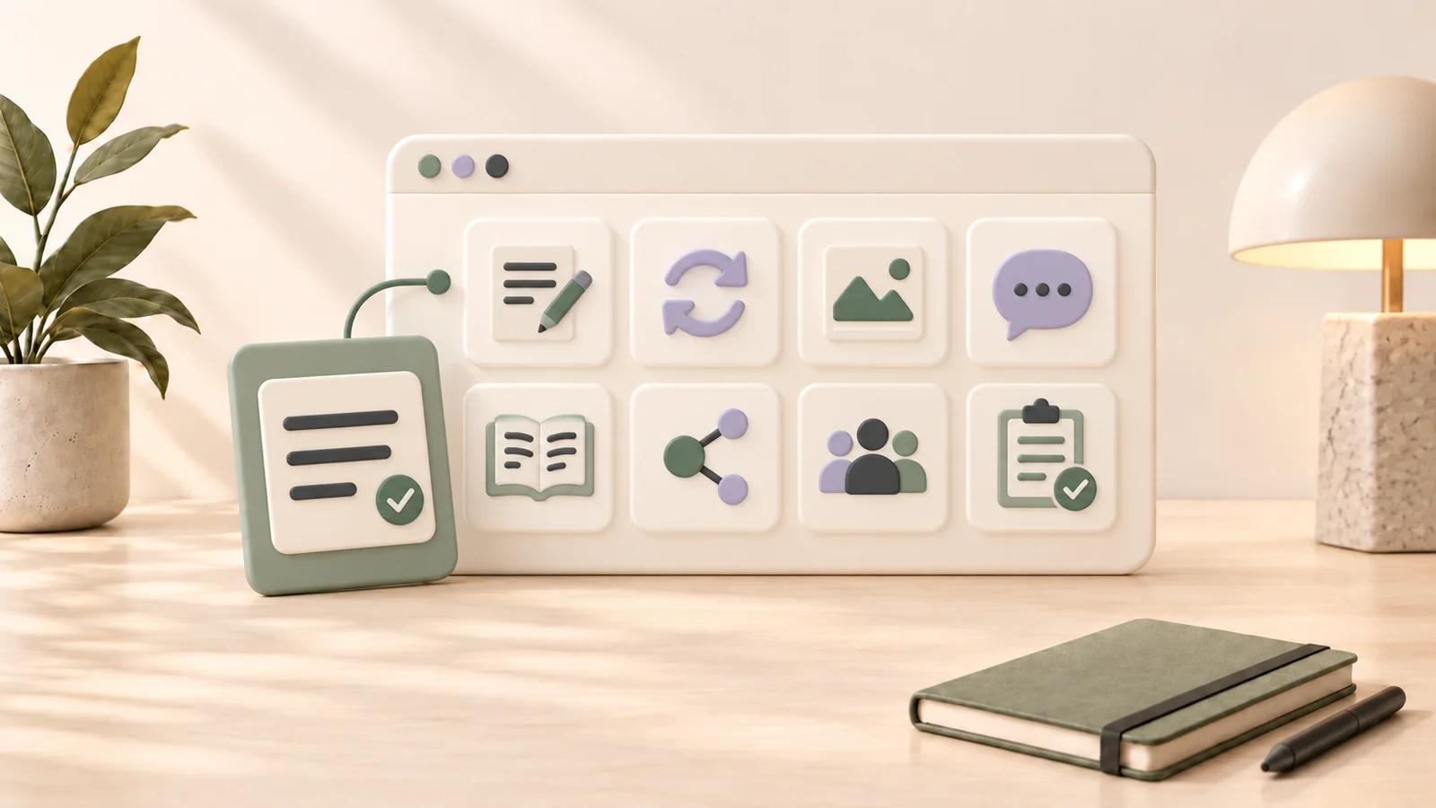 Ceramic browser panel containing eight prompt template cards beside a sage brand brief on a cream desk, with a plant, lamp, notebook, and pen.
