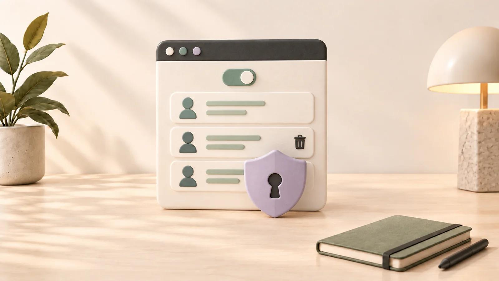 Ceramic browser panel with saved-memory rows, a memory toggle, and a lavender privacy shield on the shared desktop with plant, lamp, sage notebook, and pen.