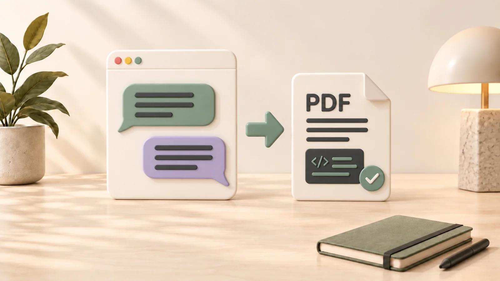 Ceramic chat browser with sage and lavender messages pointing to a PDF document with a code block and check mark, on a cream desk with a plant, lamp, sage notebook, and pen.