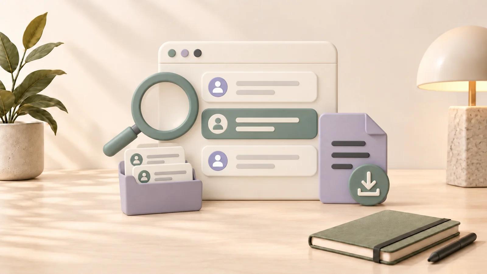 Ceramic chat browser with a sage magnifying glass, lavender folder, and export document on the shared cream desk with plant, lamp, notebook, and pen.