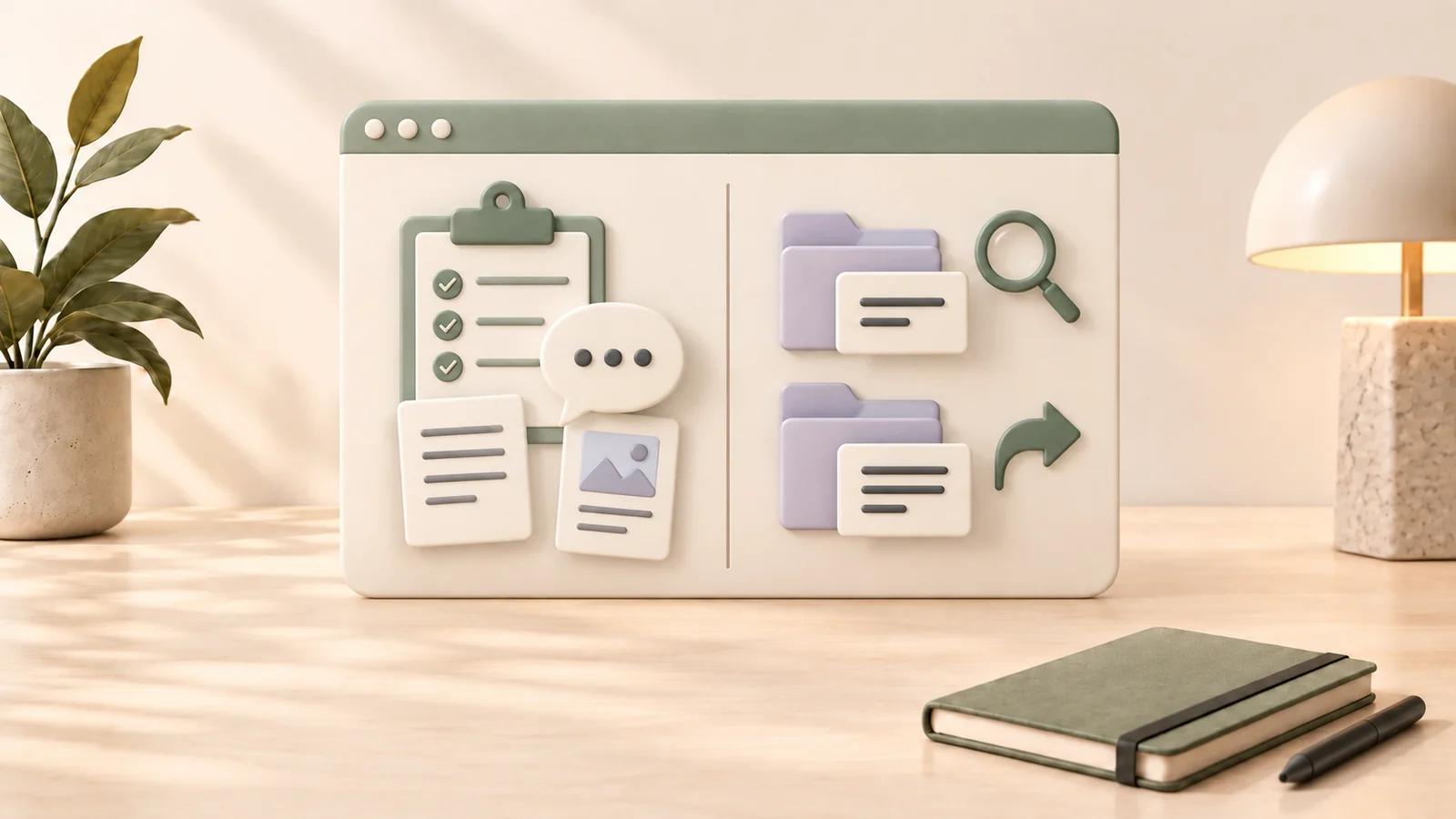 Ceramic browser panel comparing research documents and instructions with chat folders, search, and export tools on a warm cream desktop.