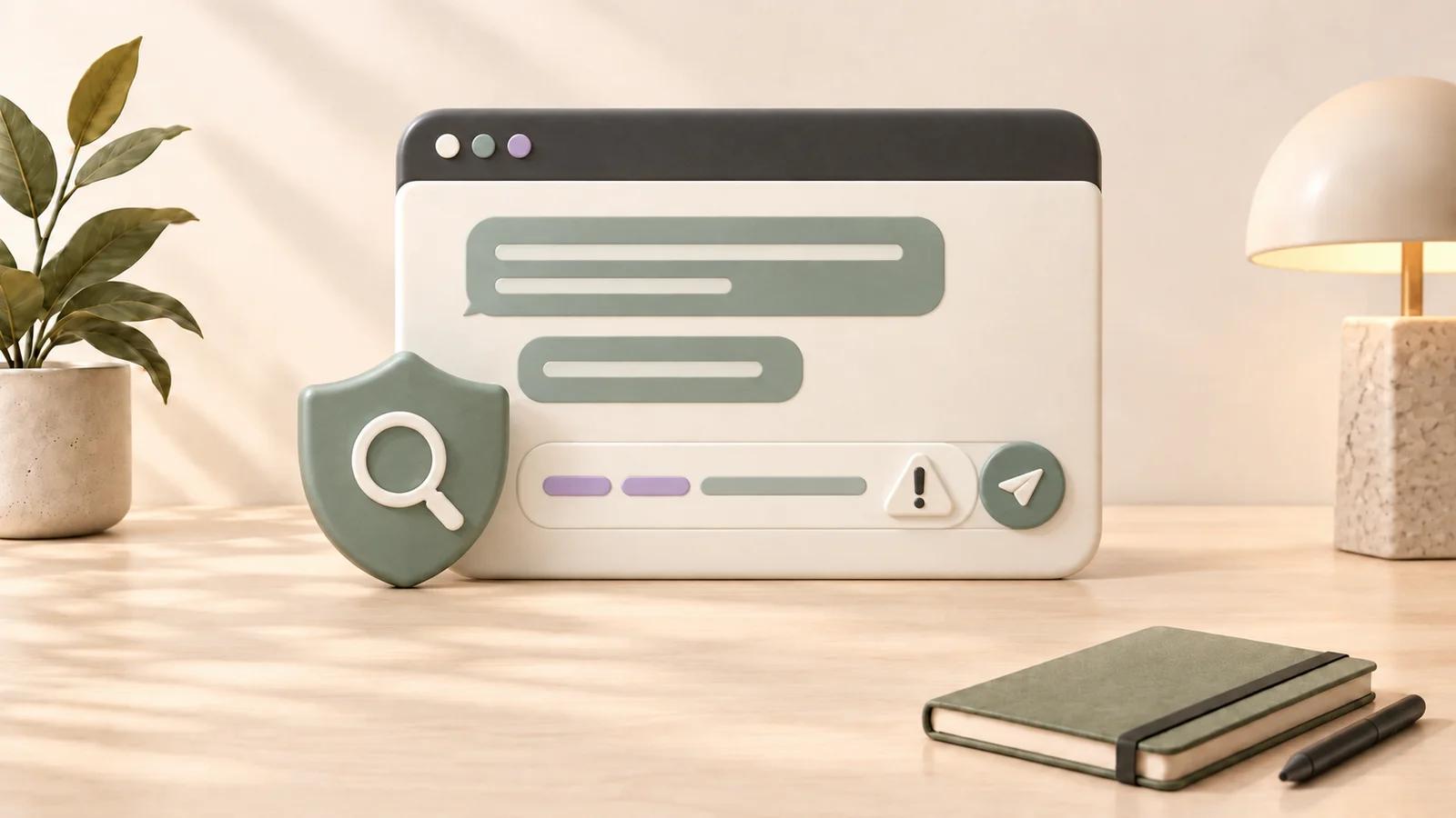 Ceramic chat browser with lavender highlights in a draft and a sage shield bearing a magnifying glass, on the shared cream desktop with plant, lamp, notebook, and pen.