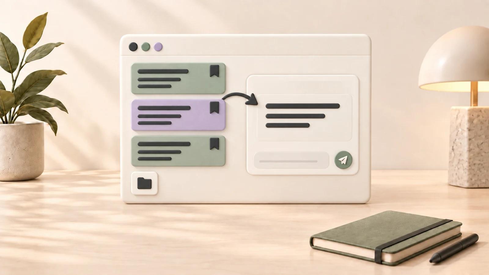 Ceramic browser panel with bookmarked sage and lavender prompt cards and an arrow leading to a chat composer, on a warm desktop.