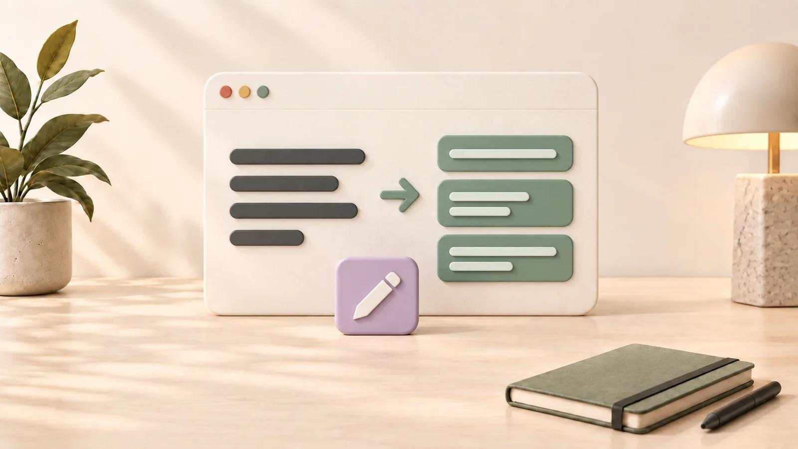 Ceramic browser panel showing a rough prompt refined into structured sage response lines, with a lavender pencil tile on the shared cream desktop.