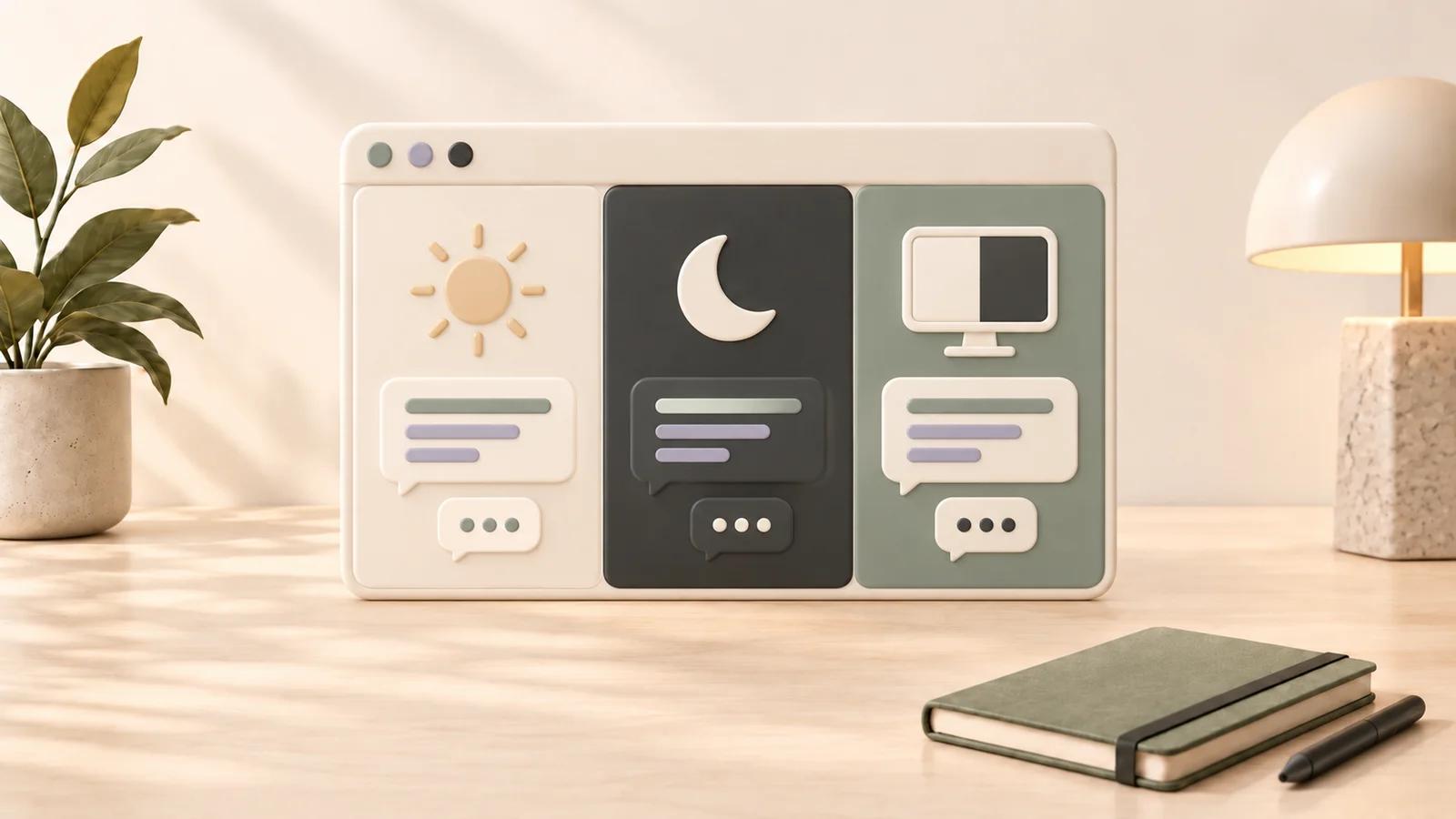 Ceramic browser panel with light, dark, and system appearance symbols on a cream desk beside a plant, lamp, sage notebook, and charcoal pen.