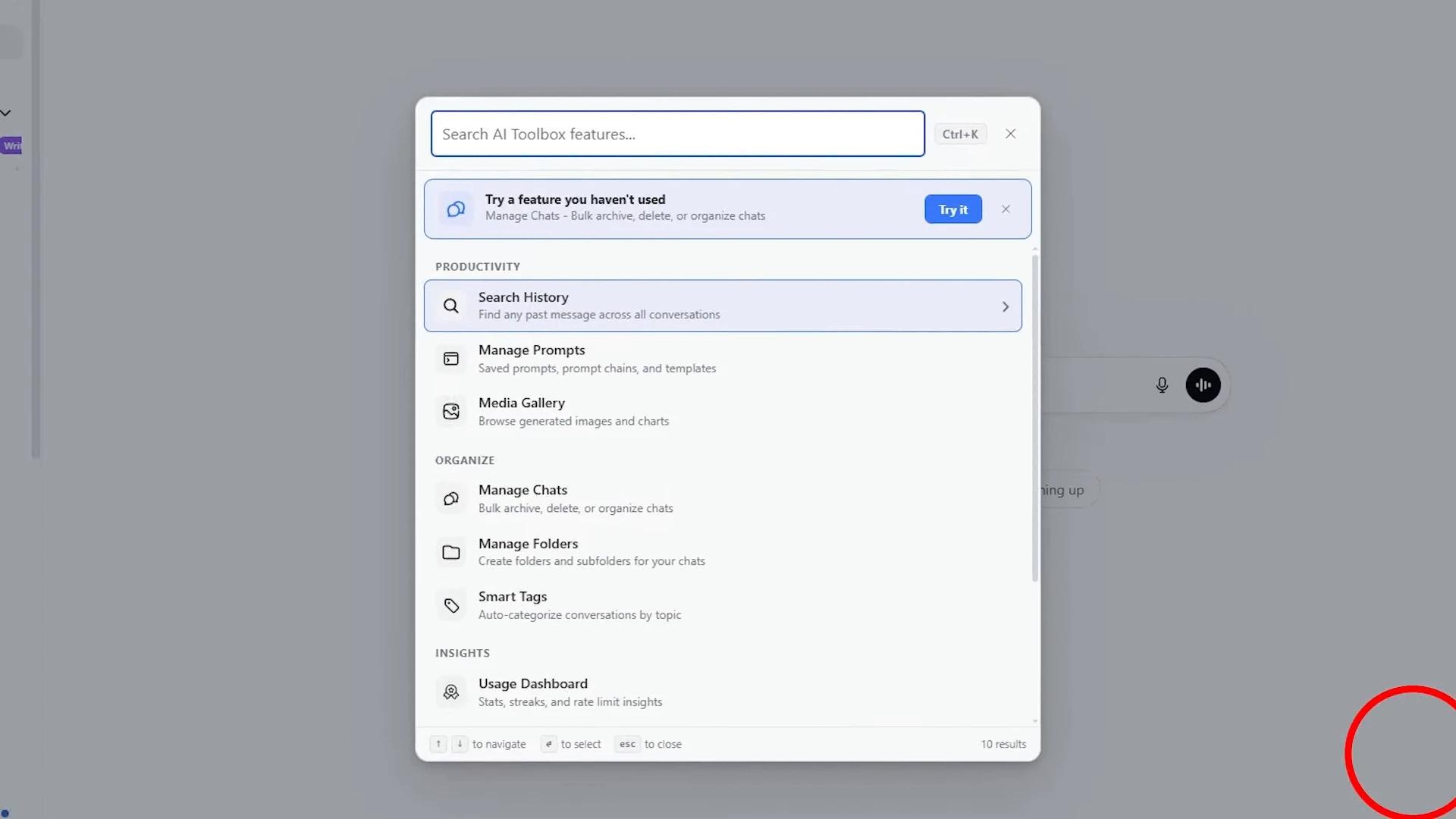AI Toolbox inside ChatGPT showing its command palette with search, prompts, media gallery, chat management, folders, Smart Tags and usage dashboard