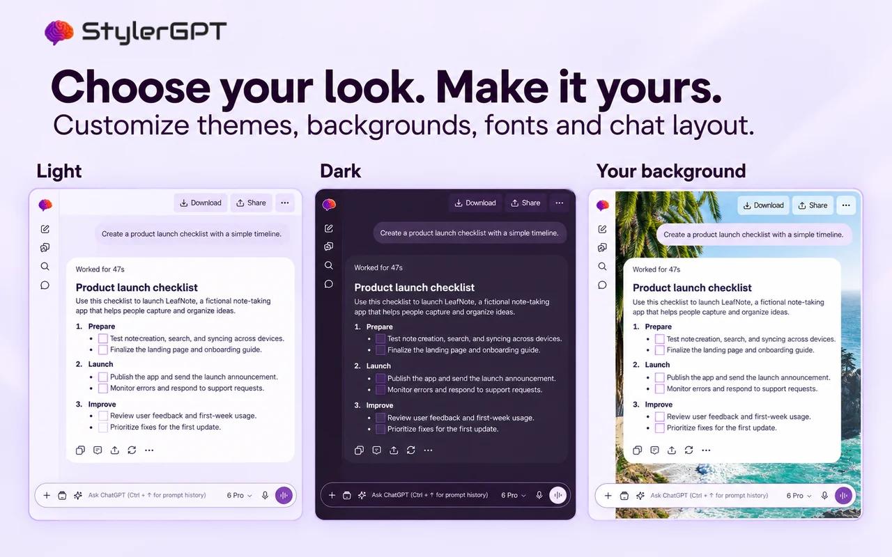 StylerGPT showing light, dark and photo-background ChatGPT workspaces with its original logo