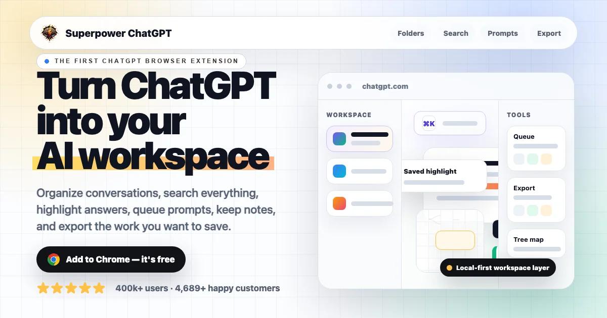 Superpower ChatGPT official promotional illustration of folders, search, prompts, export and workspace tools