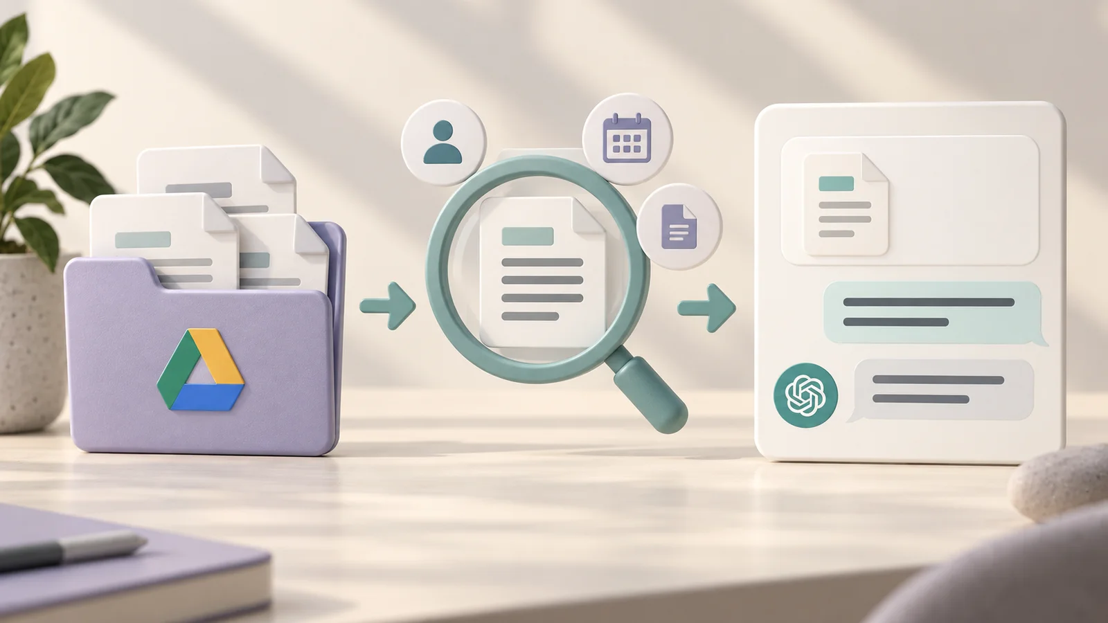 A Google Drive folder leads to a document selected by a magnifying glass with owner, calendar, and file-type icons, then to a chat summary.
