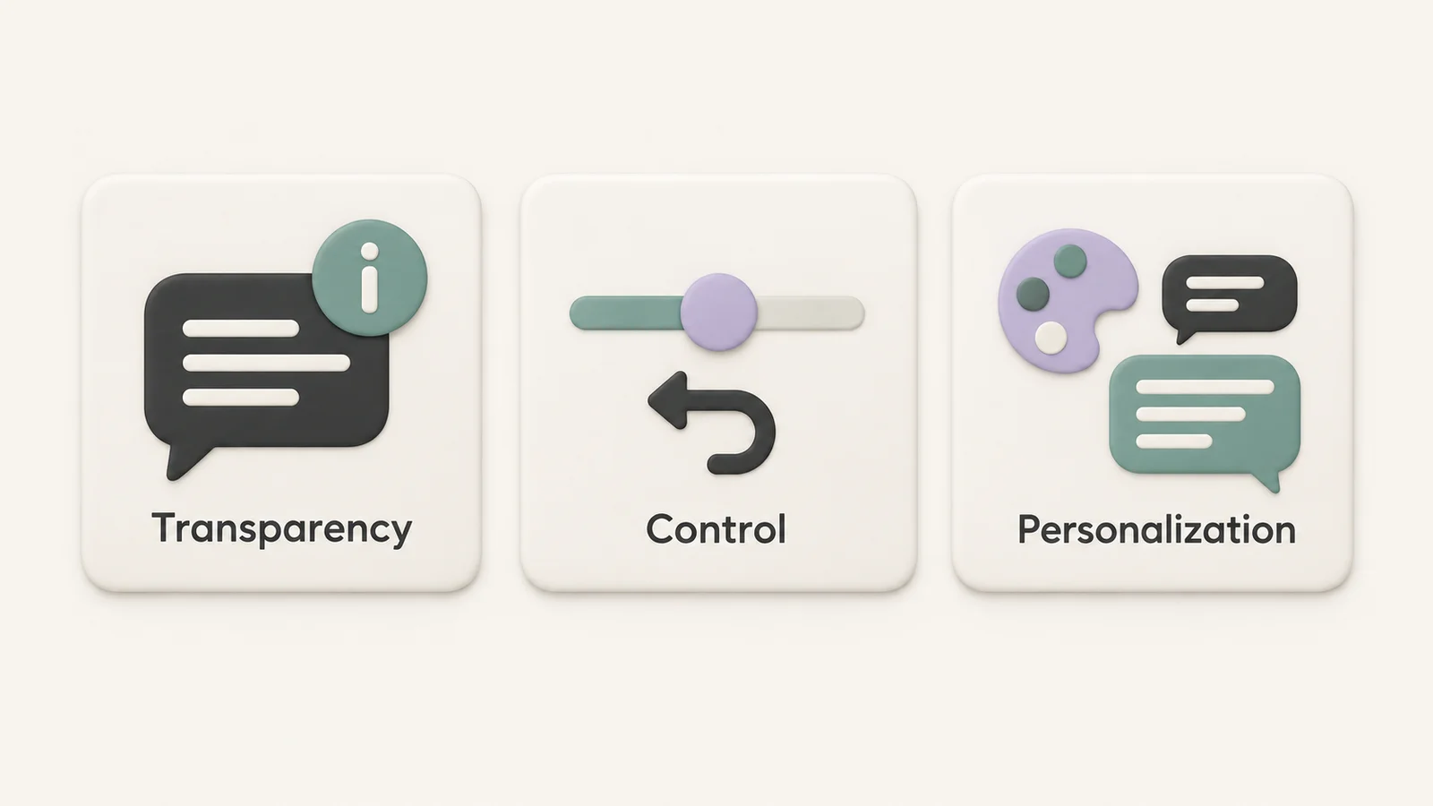 Three ceramic tiles show an information icon for transparency, a slider and undo arrow for control, and a palette with chat bubbles for personalization.
